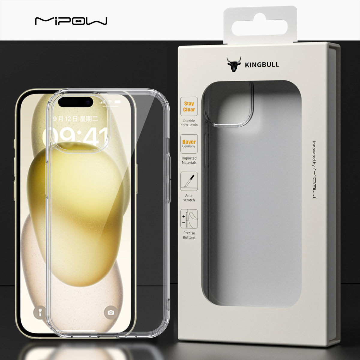 MIPOW KINGBULL Crystal Clear Tempered Glass Case for iPhone 15，15Plus, Pro,  & Pro Max. Hybrid Case, Anti-scratch，Anti-yellowing Anti-fall, Flexible TPU  Bumper